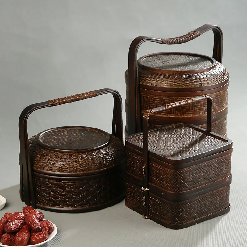 Food Snacks With Fiber - Bambus-Picknickkorb mit Deckel, Mehrschichtiger Lebensmittelbehälter für